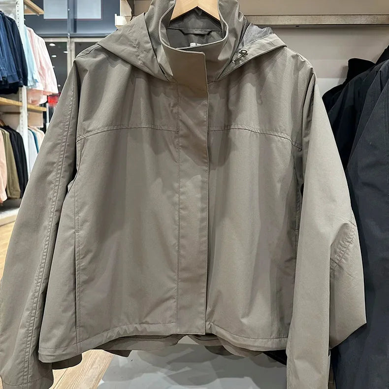 Windproof Stand Collar Jacket Women's Outdoor Casual Hooded Thin Coat Jacket