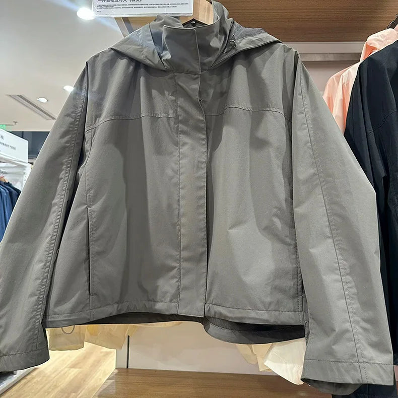 Windproof Stand Collar Jacket Women's Outdoor Casual Hooded Thin Coat Jacket